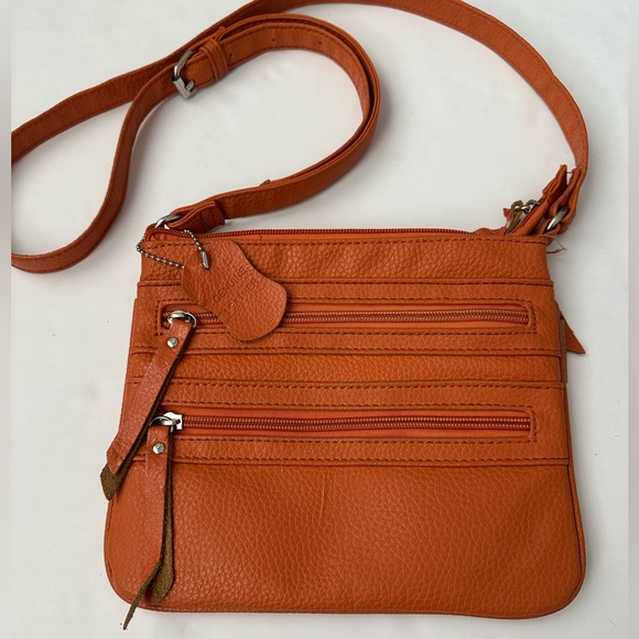 genuine leather Handbags - Genuine Leather Multi-Zip Organizer Burnt Orange Crossbody Bag